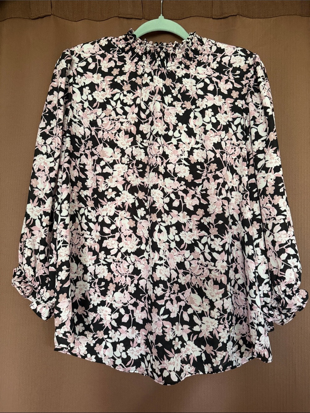 Adrienne Vittadini Black Floral Blouse with Pink and White Blossoms
